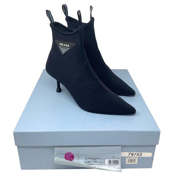 Prada Boots Triangle LOGO Shoes Nylon Pointed Toe 65mm Ankle Stiletto Heels EU37 - Picture 2 of 12